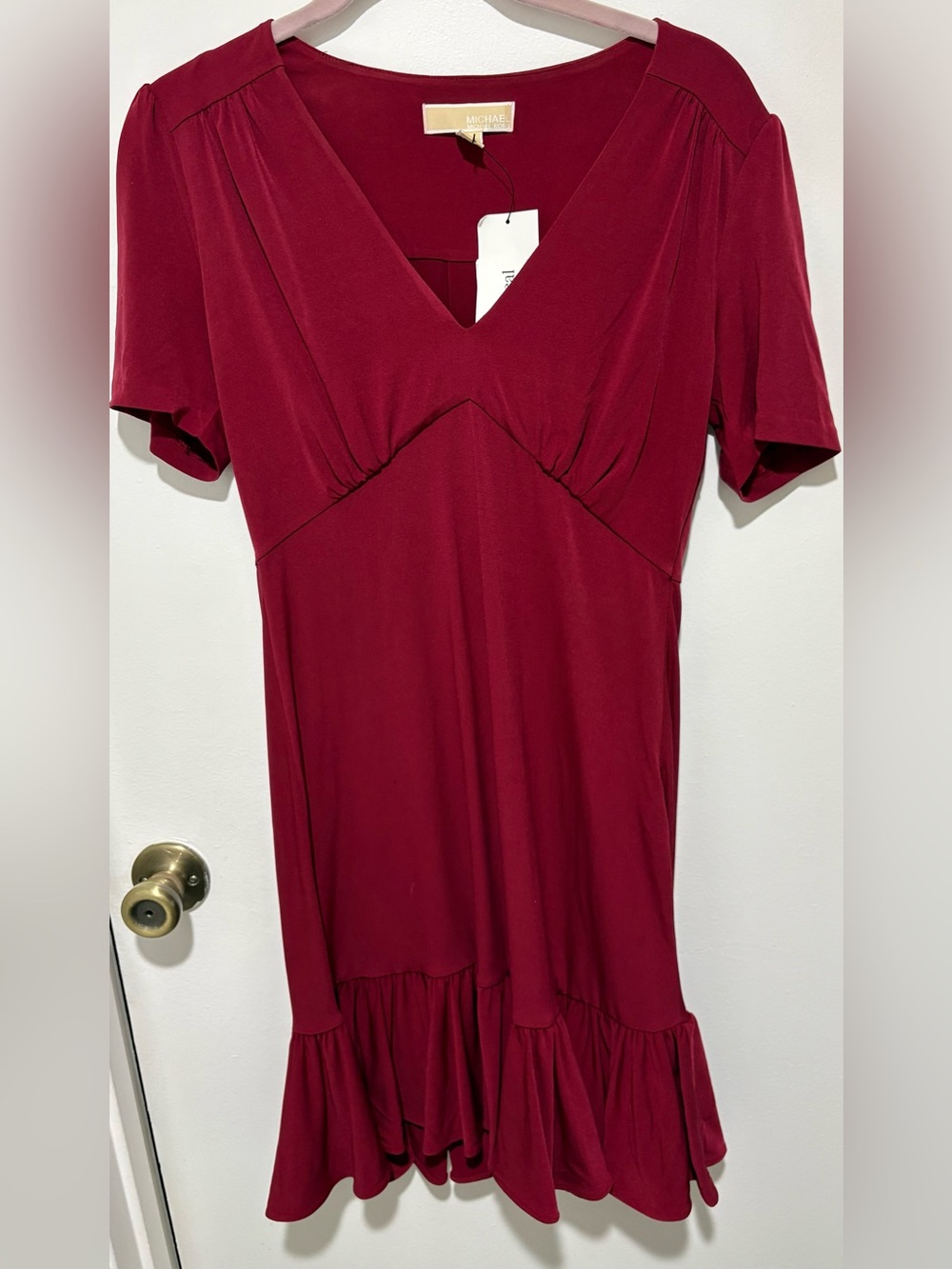 Michael Kors Burgundy V‑Neck Short Sleeve Ruffle Hem Dress